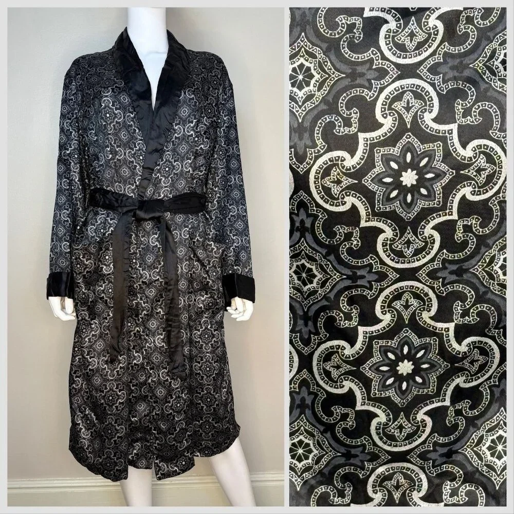 Vintage 1960s Men’s Black Medallion Print Robe Smoking Jacket, Sears Size Medium